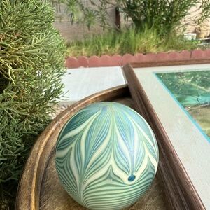 Vintage Vandermark Green and White Feather Glass Paperweight